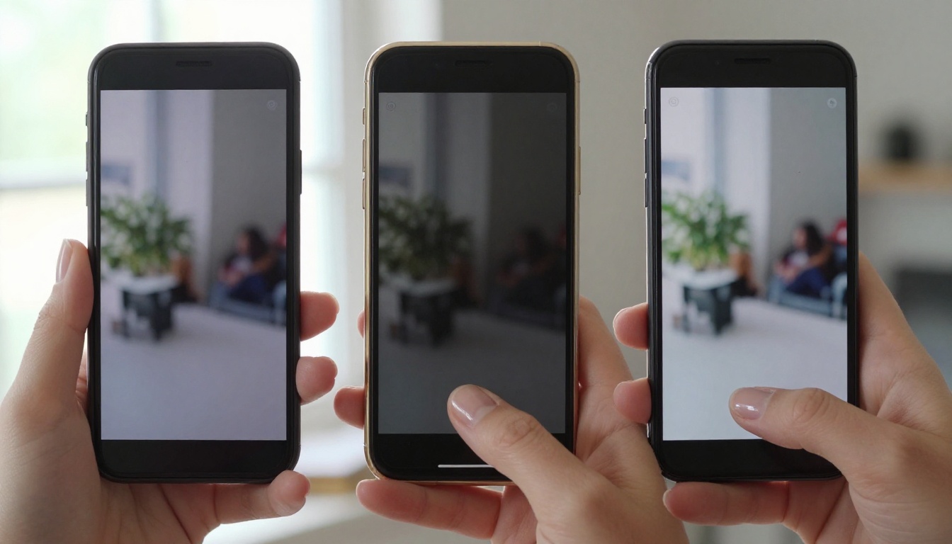 Two smartphones held side by side showing AI video generation interface comparison, natural daylight, 50mm f/1.8