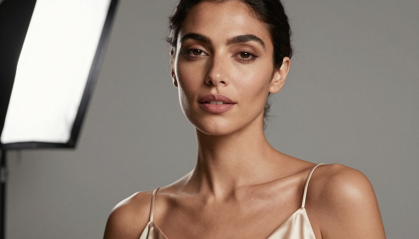 Close-up beauty portrait of a woman with Mediterranean complexion, Rembrandt studio lighting, champagne slip dress Close-up beauty portrait of a woman with Mediterranean complexion, Rembrandt studio lighting, champagne slip dress