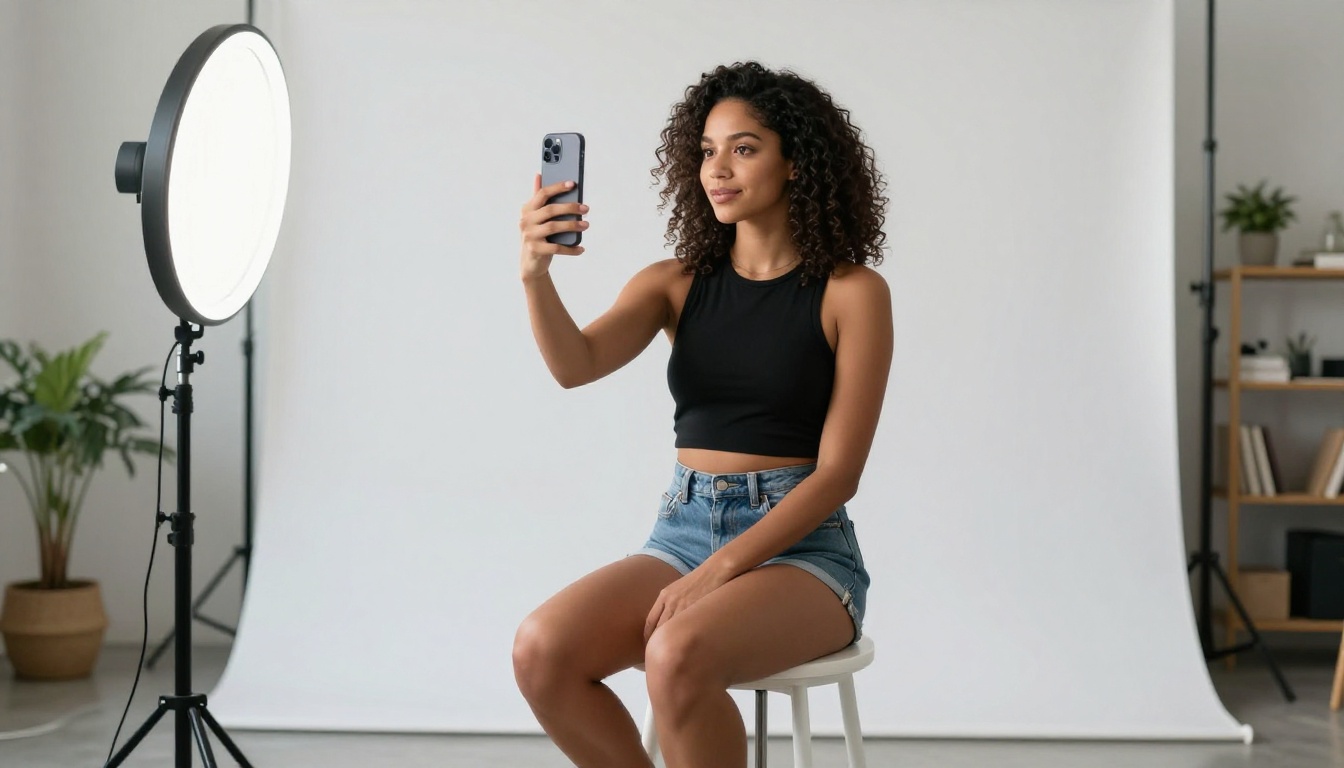 Woman in minimalist content creator studio with ring light and smartphone in selfie-video mode Woman in minimalist content creator studio with ring light and smartphone in selfie-video mode