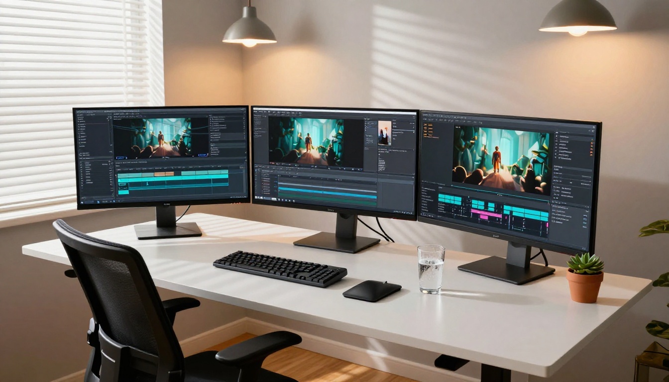Wide shot of modern triple-monitor creative workspace with video comparison interface on center screen Wide shot of modern triple-monitor creative workspace with video comparison interface on center screen