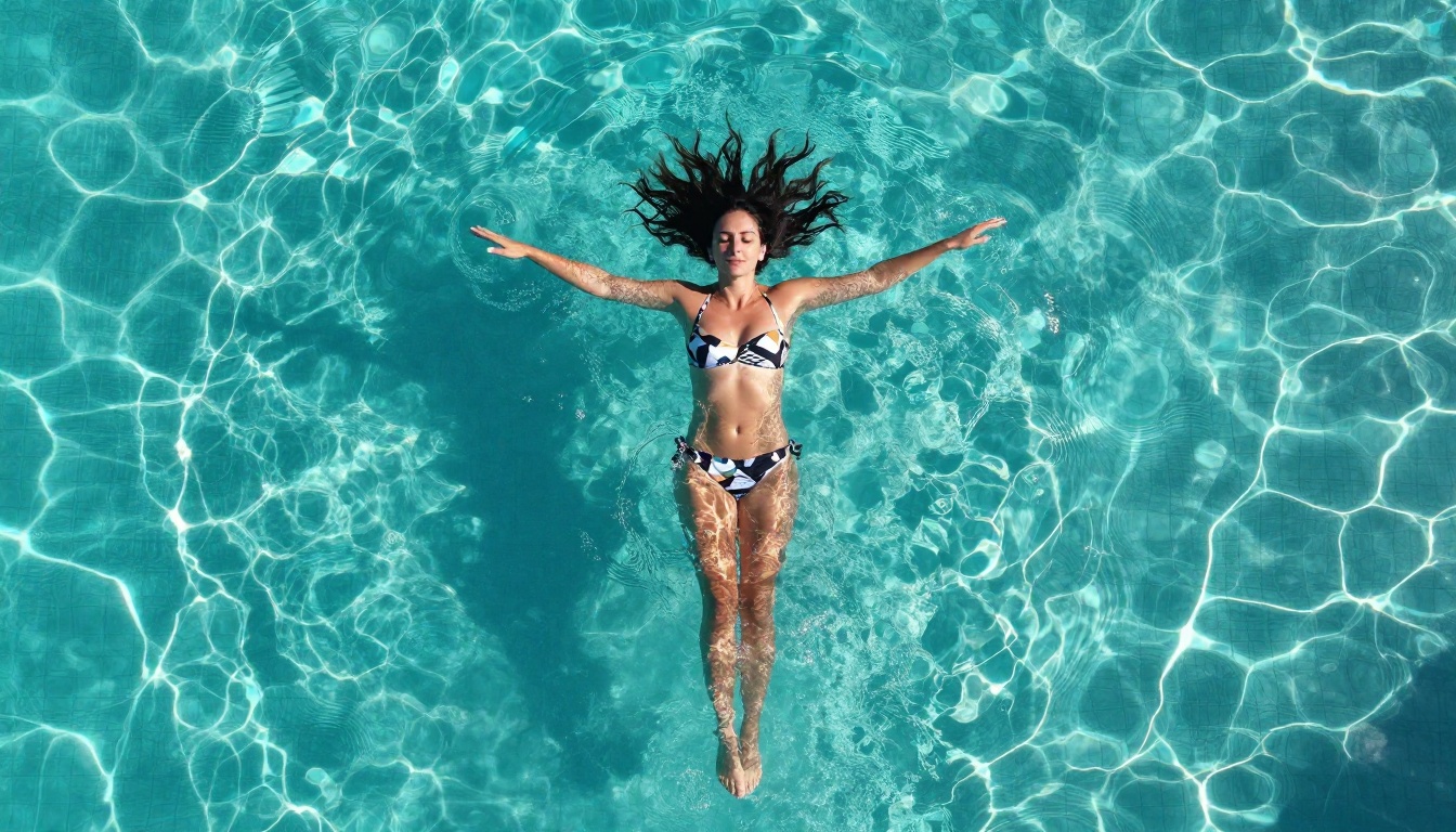 Aerial view of woman floating in turquoise resort pool