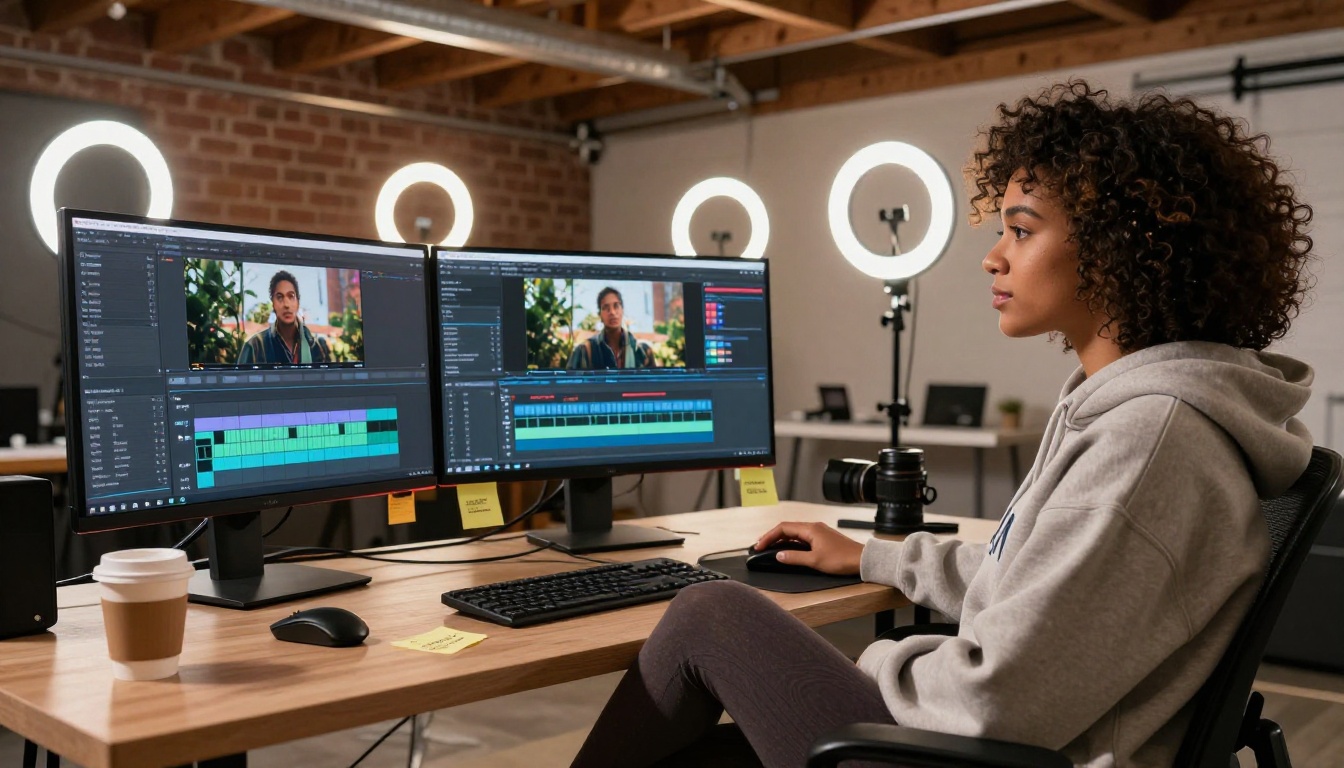 Content creator at a professional three-monitor video editing workstation