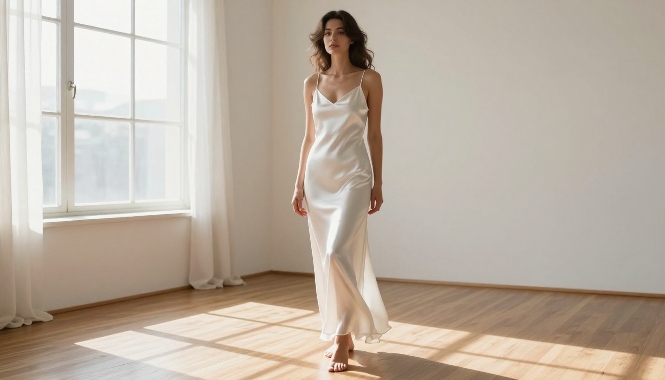 Woman in a flowing white silk dress in a naturally lit studio with morning window light