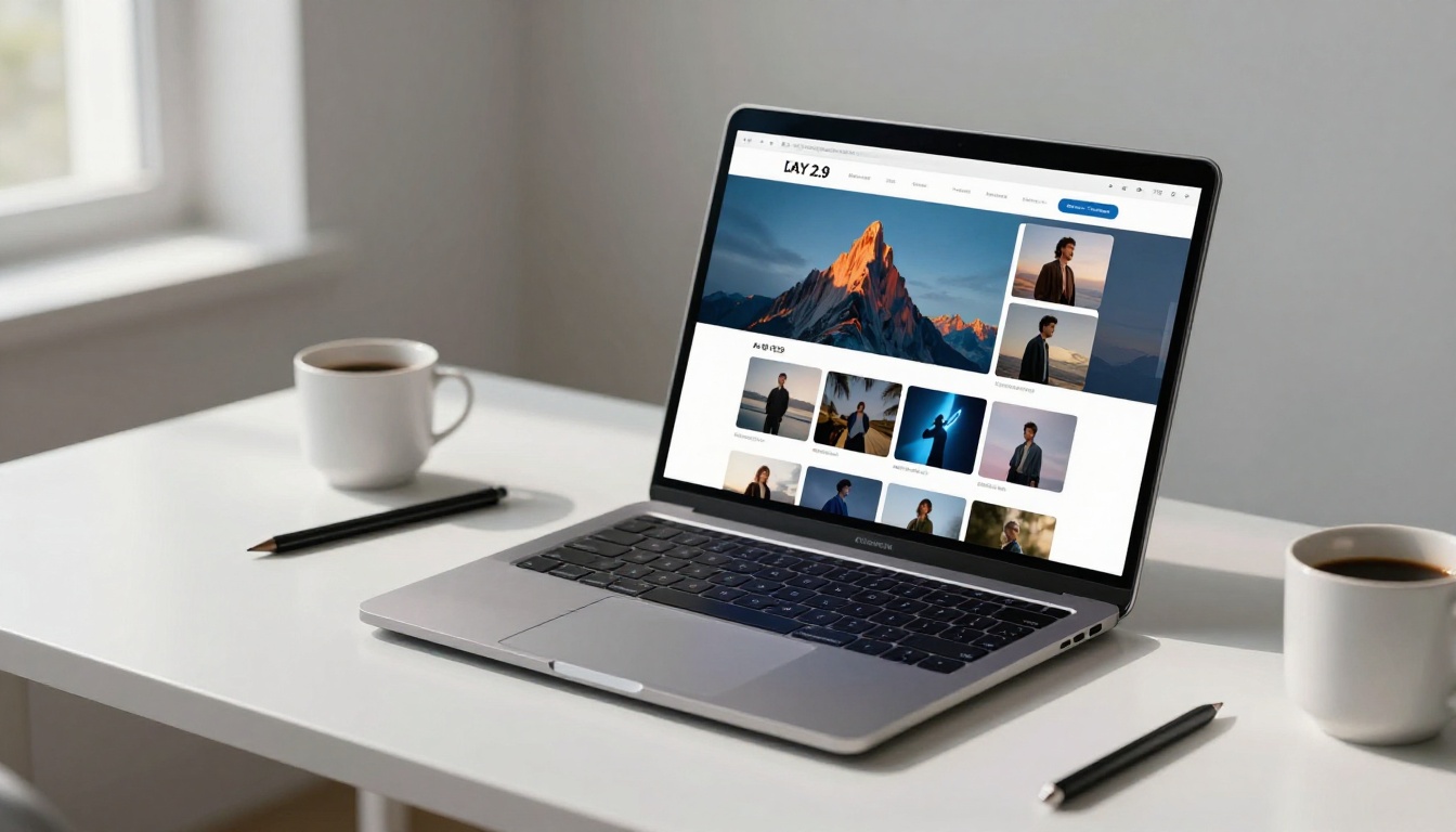 Modern laptop on minimalist desk showing AI image generation web interface with generated gallery grid