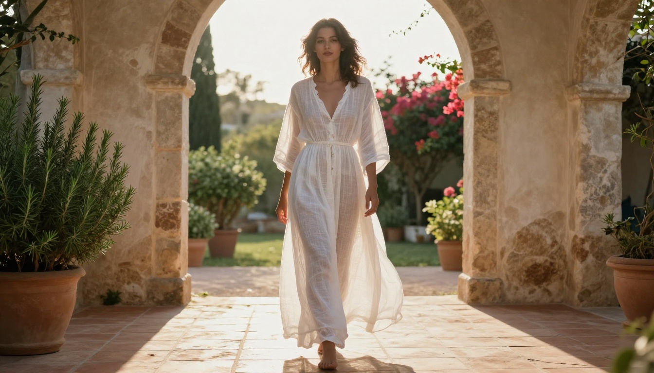 Woman in sheer white linen at a sun-drenched Mediterranean villa courtyard, morning backlighting through fabric, natural and beautiful