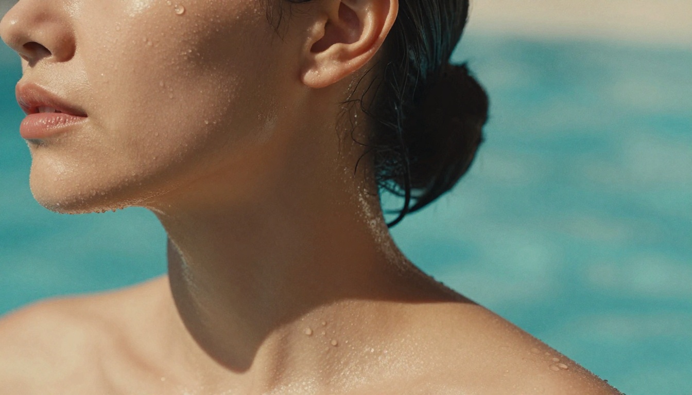 Close-up of neck and collarbone with water droplets under directional studio light, demonstrating authentic skin rendering and subsurface scattering