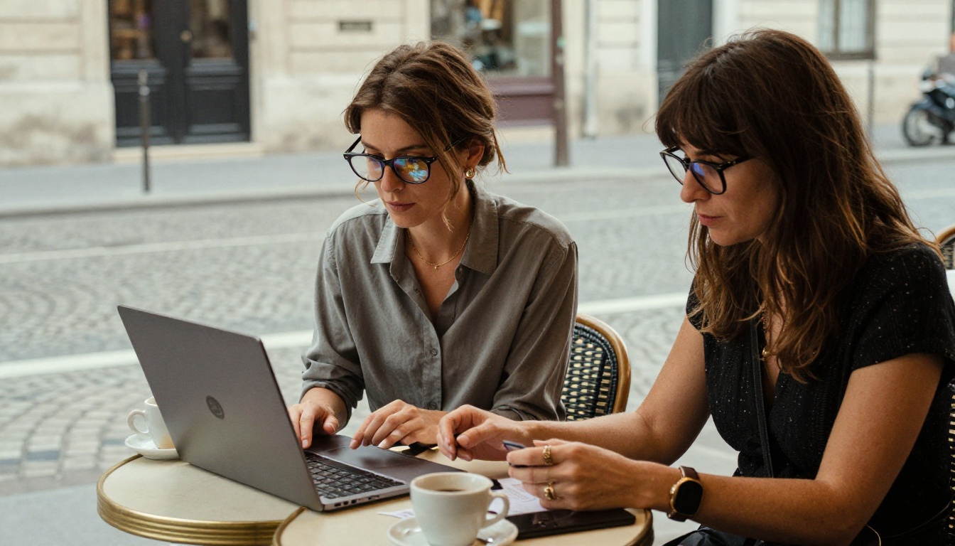 Two women at a Parisian café outdoor table with laptops, natural summer attire, overcast light, authentic candid documentary feel