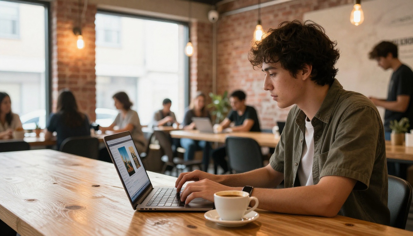 Creative professional exploring AI generation platform on MacBook in coworking space Creative professional exploring AI generation platform on MacBook in coworking space