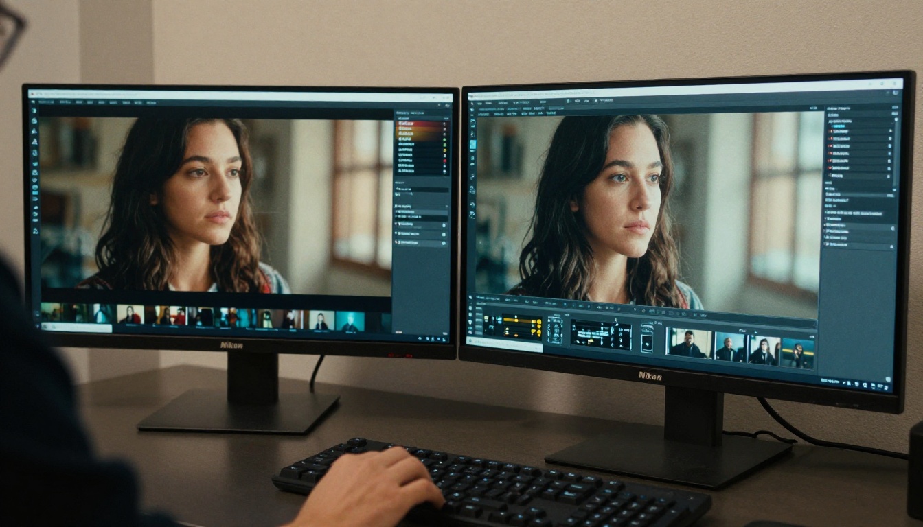 Side-by-side monitor comparison of AI video frame results