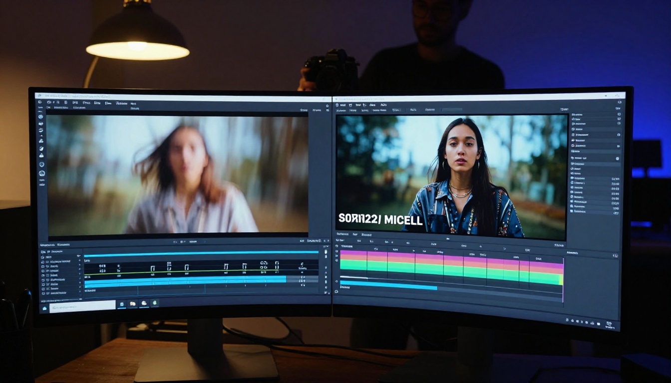 Behind-the-scenes workflow on ultrawide monitor showing AI video comparison