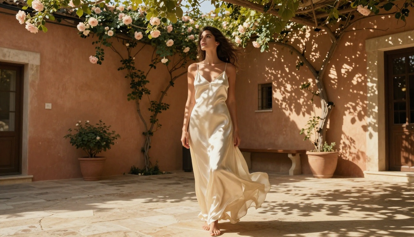 A woman in a cream silk dress in a sunlit Mediterranean courtyard, dappled light through vines, 35mm lens, photorealistic 8k A woman in a cream silk dress in a sunlit Mediterranean courtyard, dappled light through vines, 35mm lens, photorealistic 8k