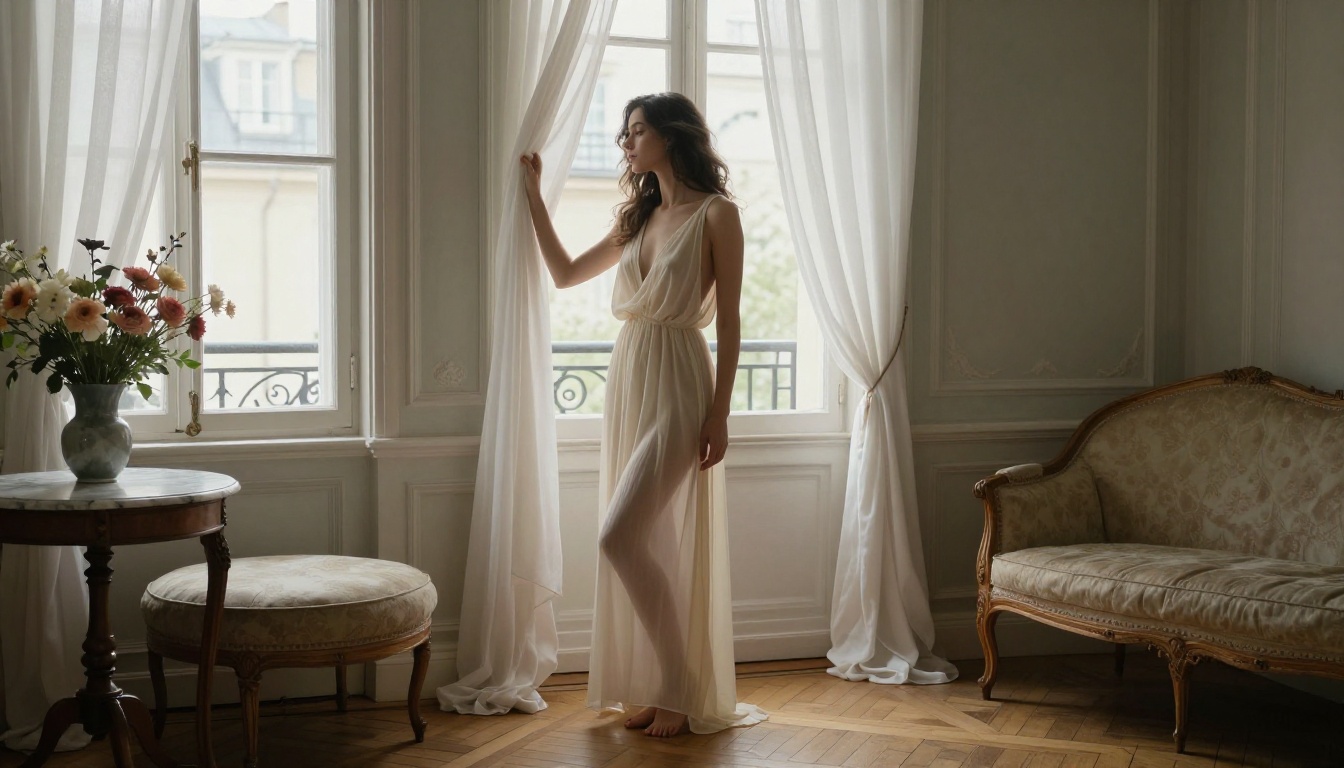 Woman in boudoir pose near vintage Parisian window