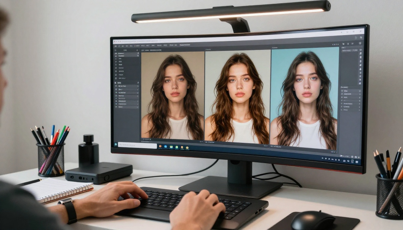 Digital artist workspace with comparison of AI-generated outputs on curved monitor