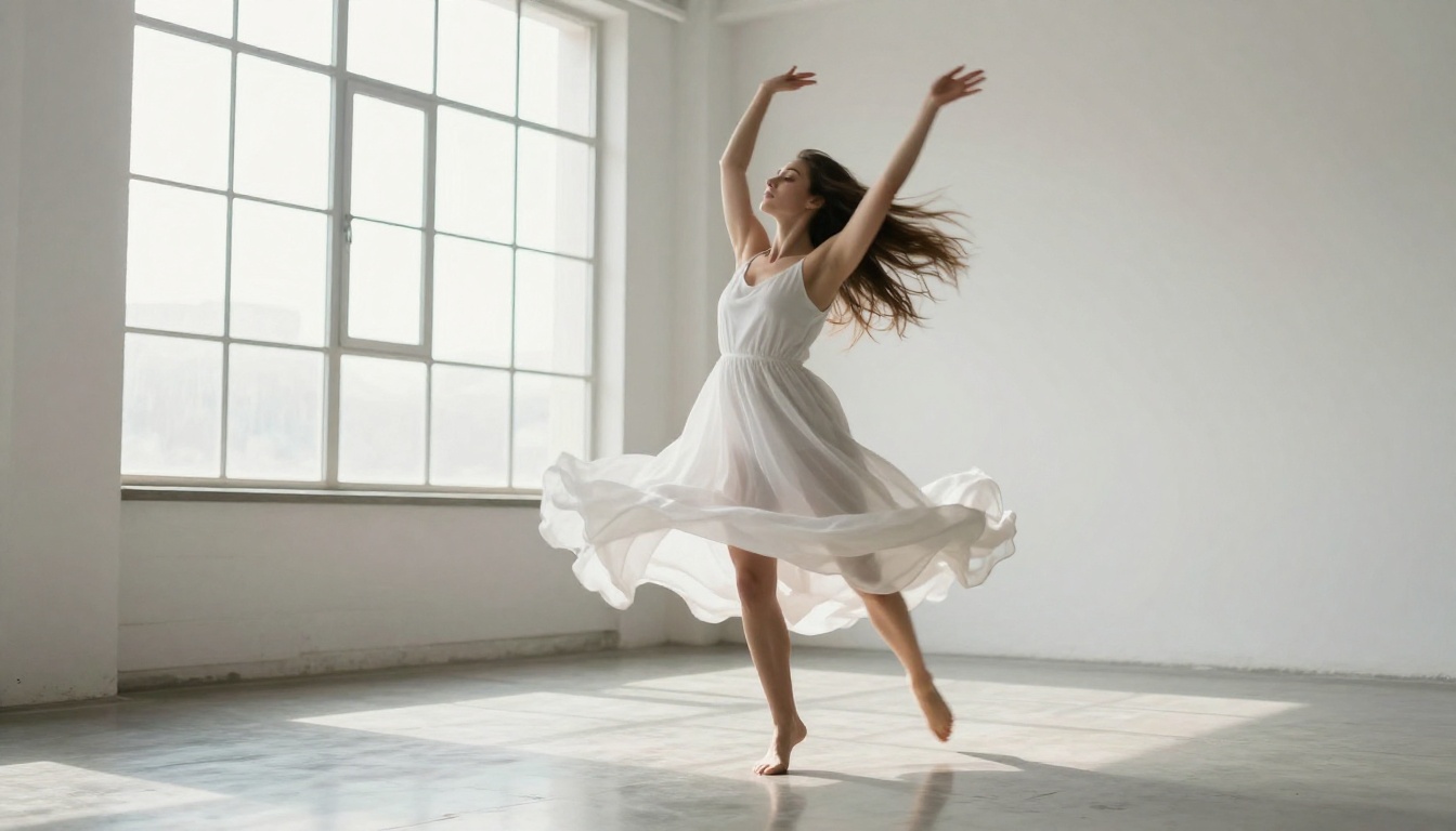 Woman in white dress mid-spin in a bright airy studio, natural motion blur on arms and fabric Woman in white dress mid-spin in a bright airy studio, natural motion blur on arms and fabric