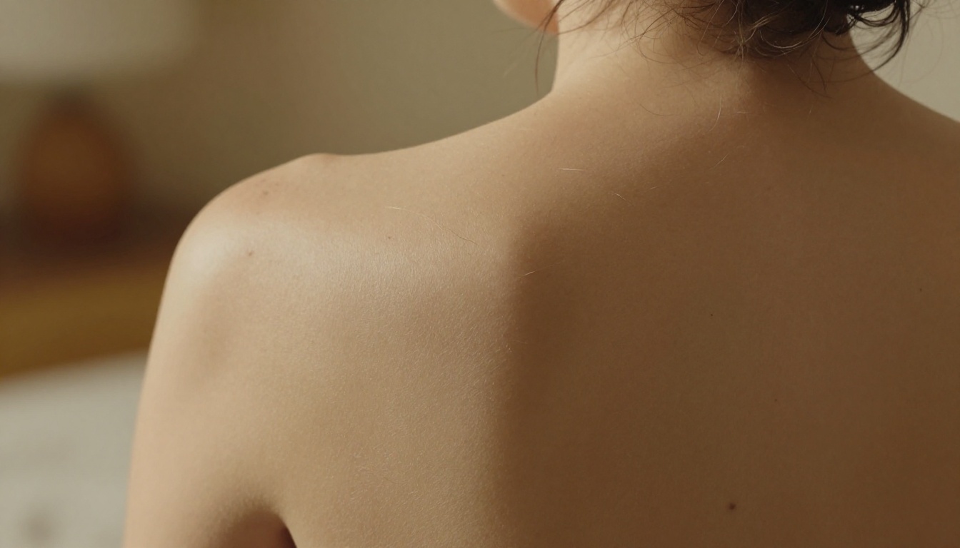 Macro close-up of a woman's bare back and shoulder blades, warm raking sidelight revealing natural skin texture Macro close-up of a woman's bare back and shoulder blades, warm raking sidelight revealing natural skin texture