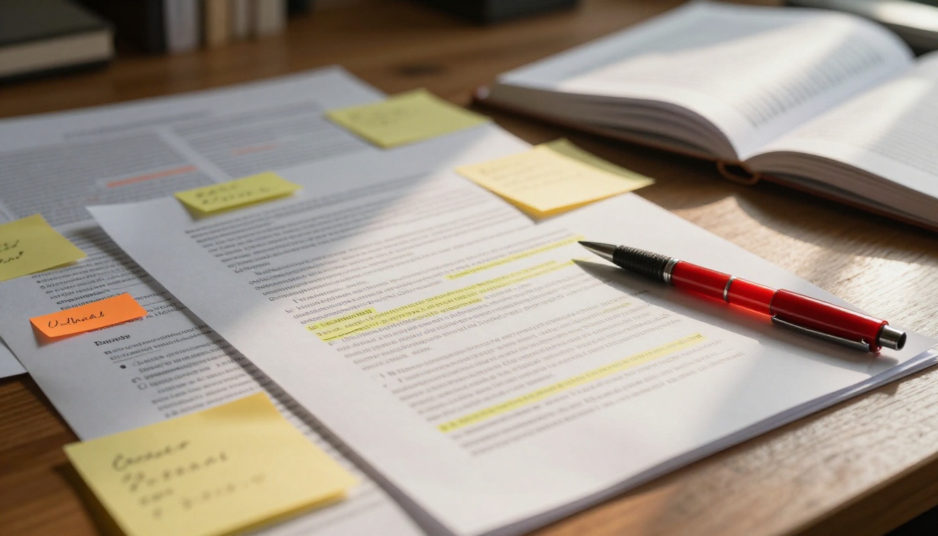 Research papers and sticky notes spread across a wooden desk