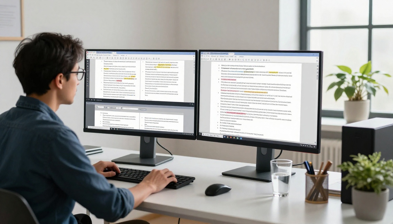 Researcher analyzing dual monitors displaying academic journal content