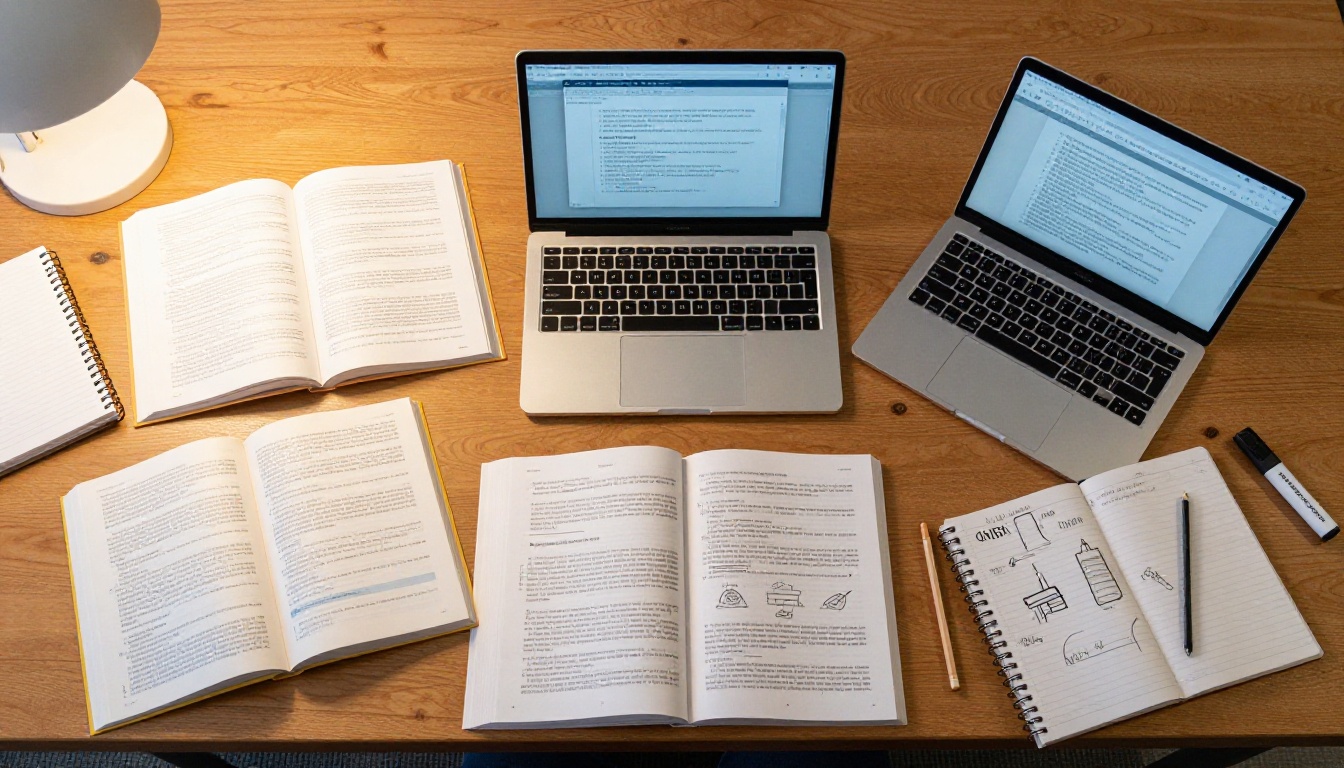 Aerial view of a university library table covered with open textbooks and research papers