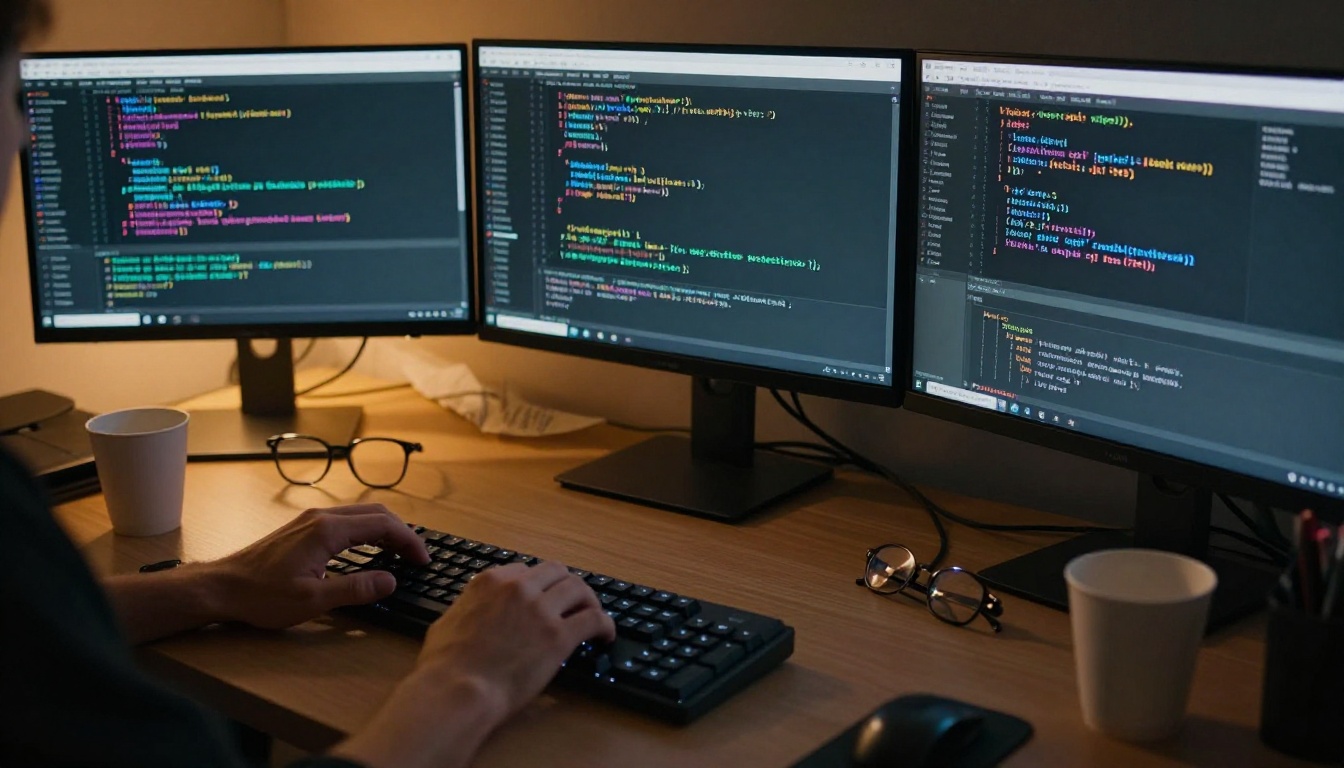 Developer hands at keyboard running AI coding comparison tests on three monitors Developer hands at keyboard running AI coding comparison tests on three monitors
