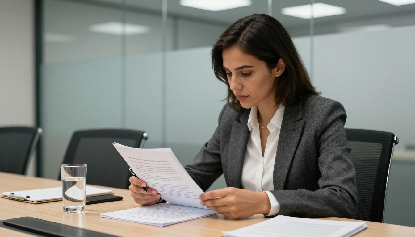 Professional woman reviewing a thick legal contract at a conference table with annotations