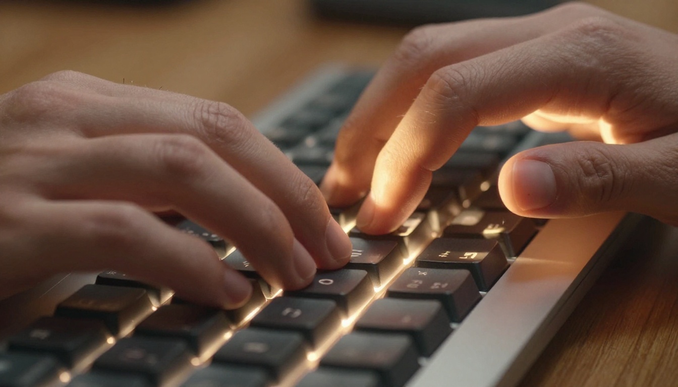 Close-up of a researcher's hands typing rapidly on a mechanical keyboard