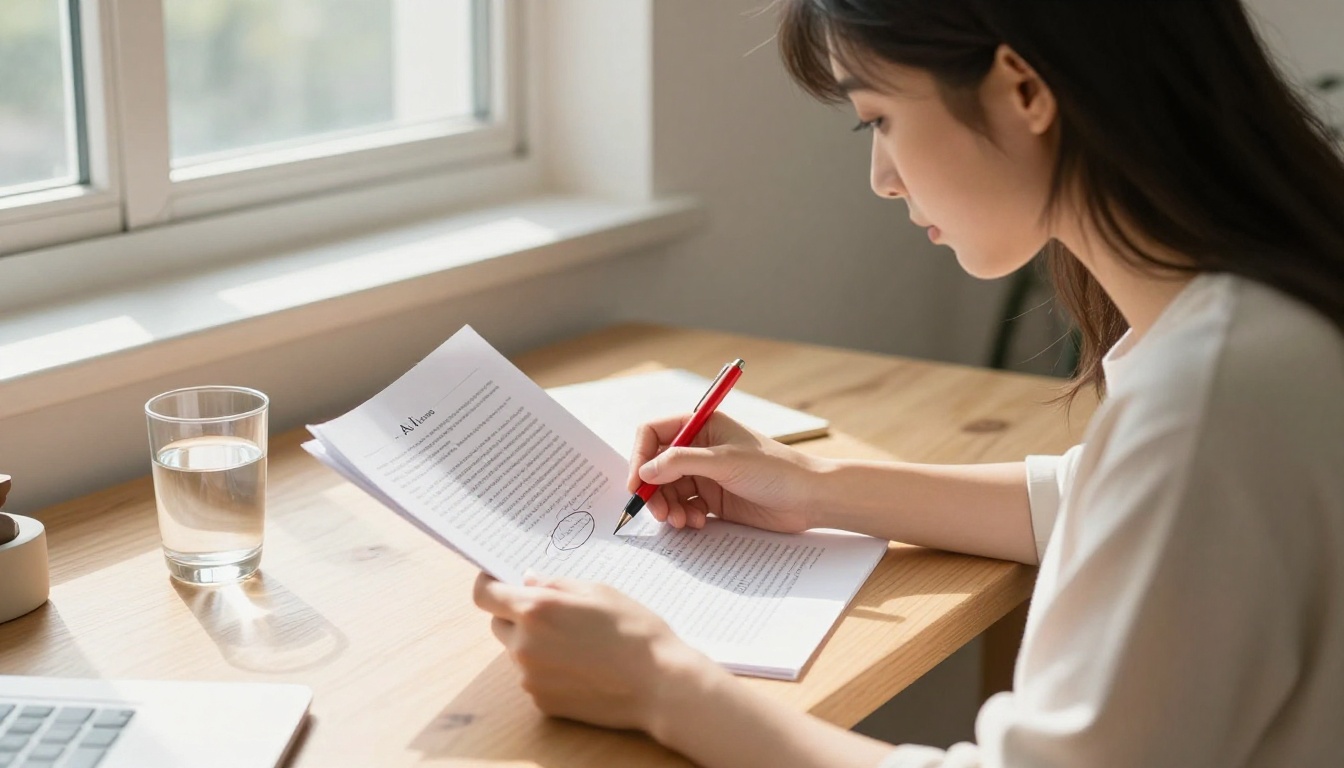 A professional reviewing printed AI-generated writing with a red pen at a sunny wooden desk A professional reviewing printed AI-generated writing with a red pen at a sunny wooden desk