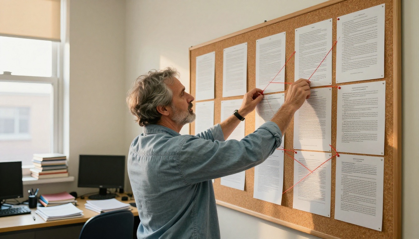 Academic researcher pinning papers to a cork board with string connections between sources