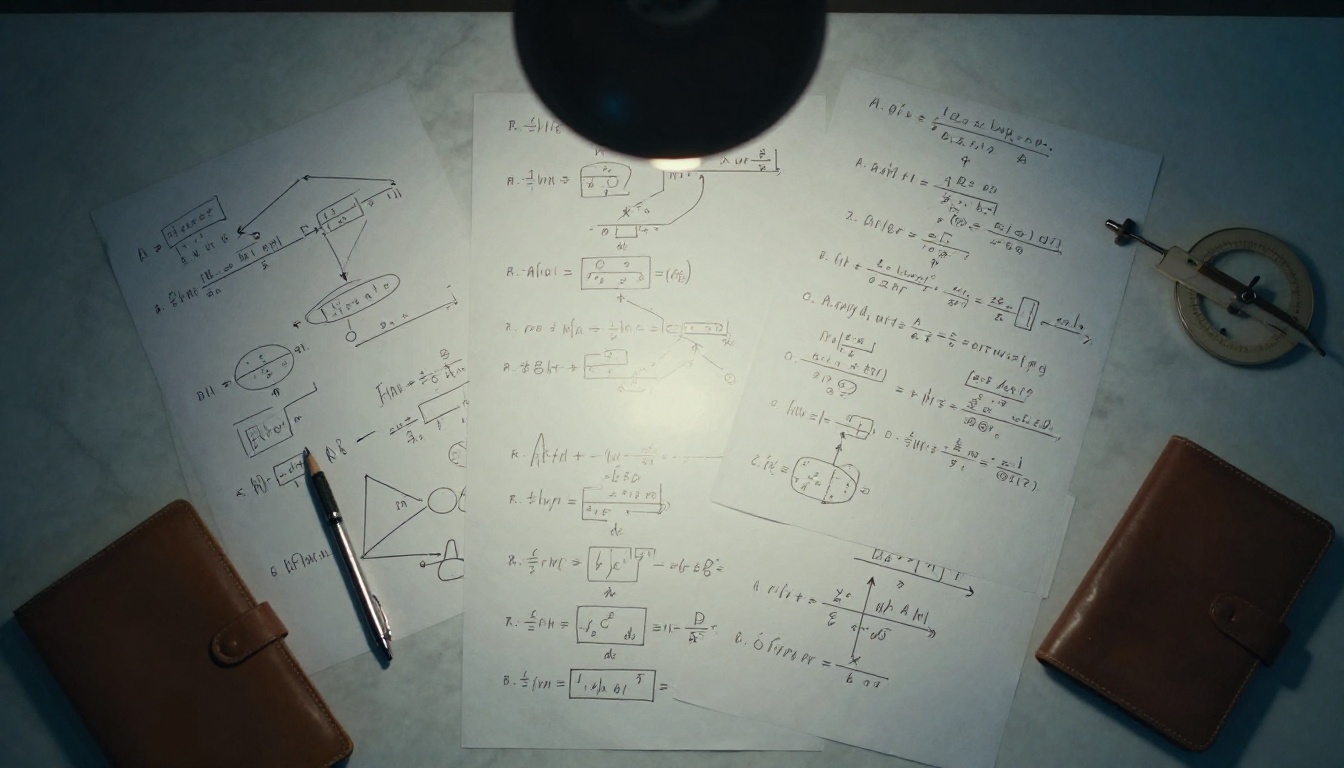 Handwritten mathematical equations and logic diagrams spread across white paper on a marble desk Handwritten mathematical equations and logic diagrams spread across white paper on a marble desk