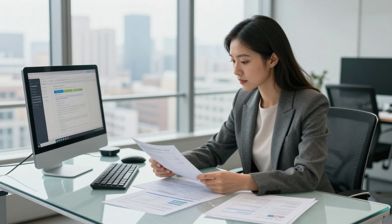 Business analyst reviewing printed research reports and charts at a glass desk