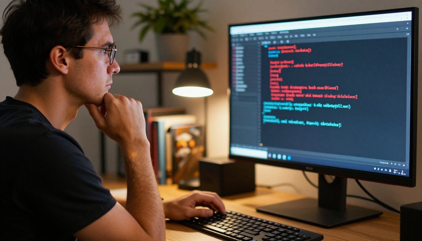Developer analyzing a red error stack trace on a large monitor at a modern standing desk