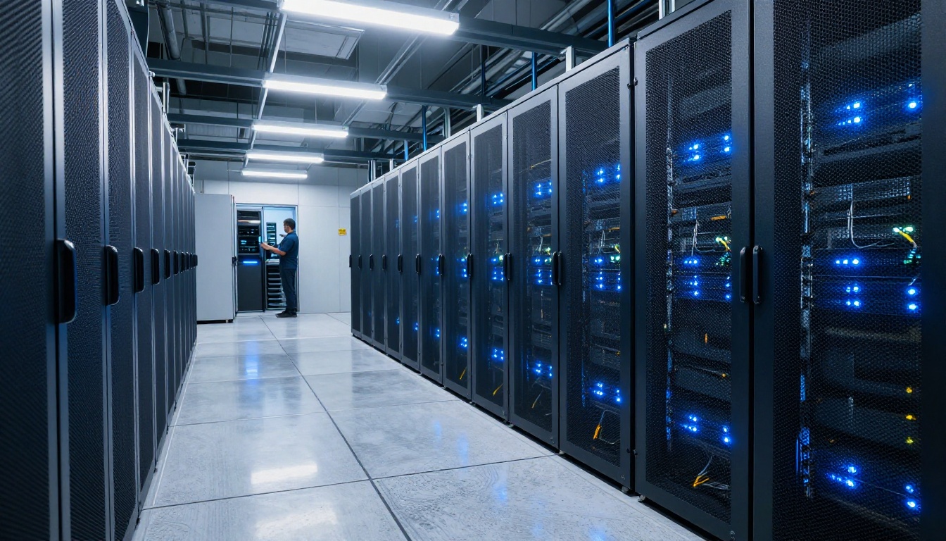 Wide view of a modern data center with rows of server racks powering large language model processing