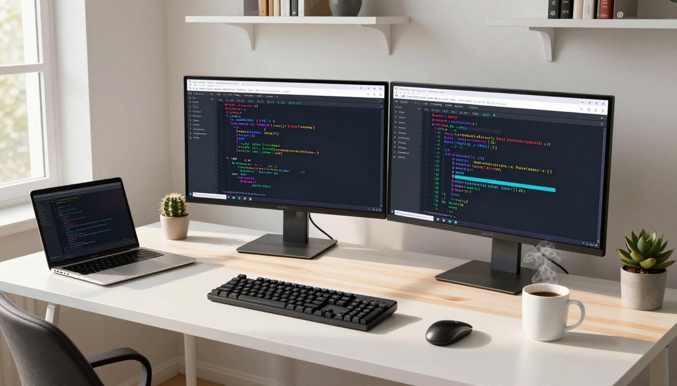 Dual monitor developer workspace showing side-by-side AI coding interfaces with syntax-highlighted Python and JSON responses