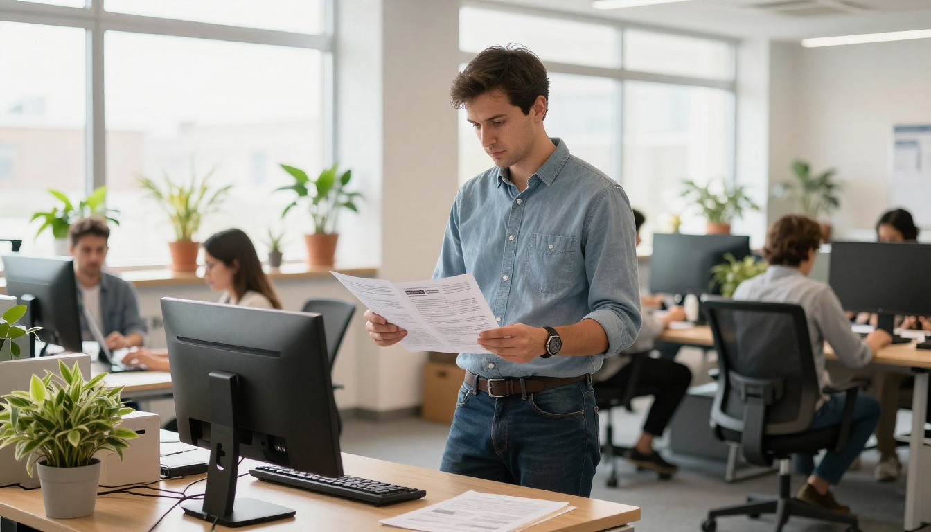 Man comparing two printed research reports at a standing desk in a bright modern open office