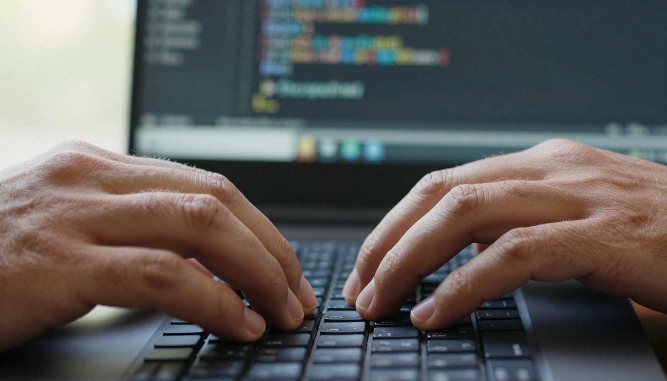 Close-up of developer hands in motion over mechanical keyboard