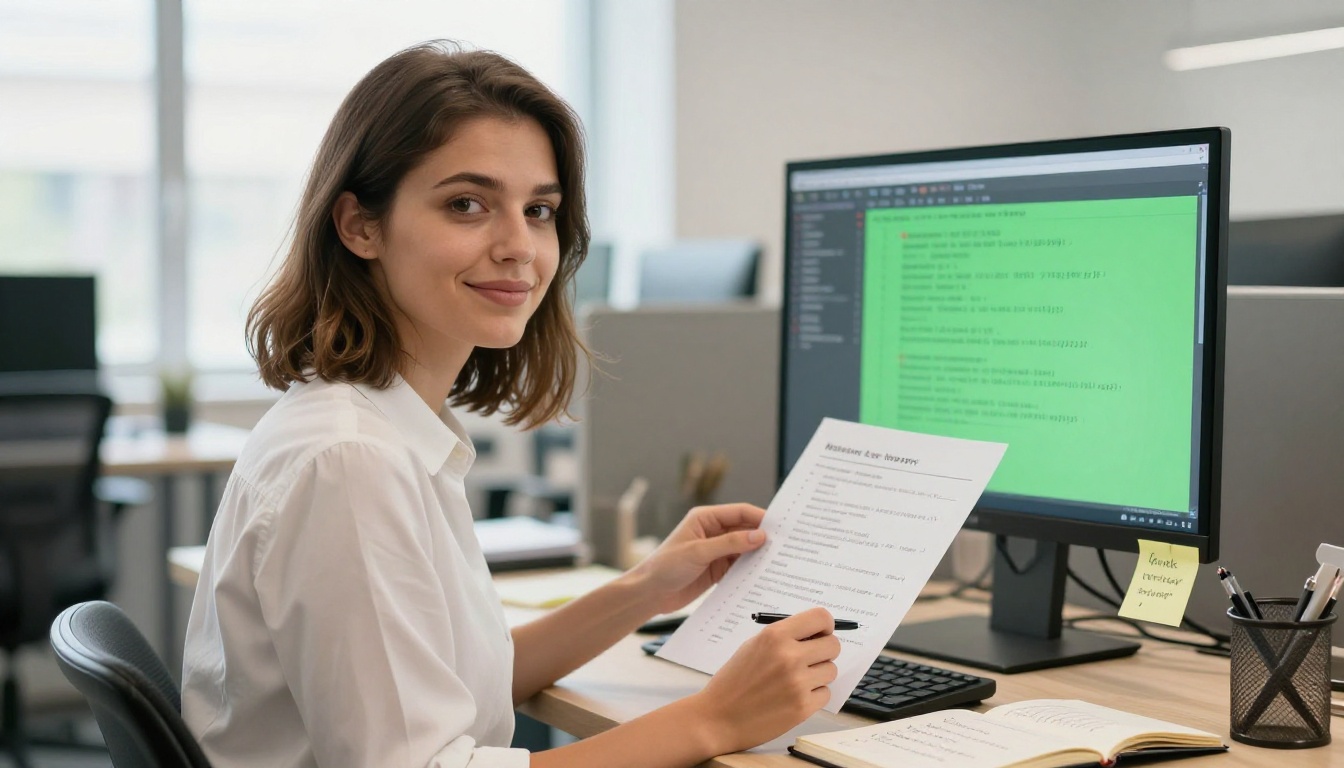Female developer confidently reviewing a printed code sheet with a green successful test suite visible on her monitor