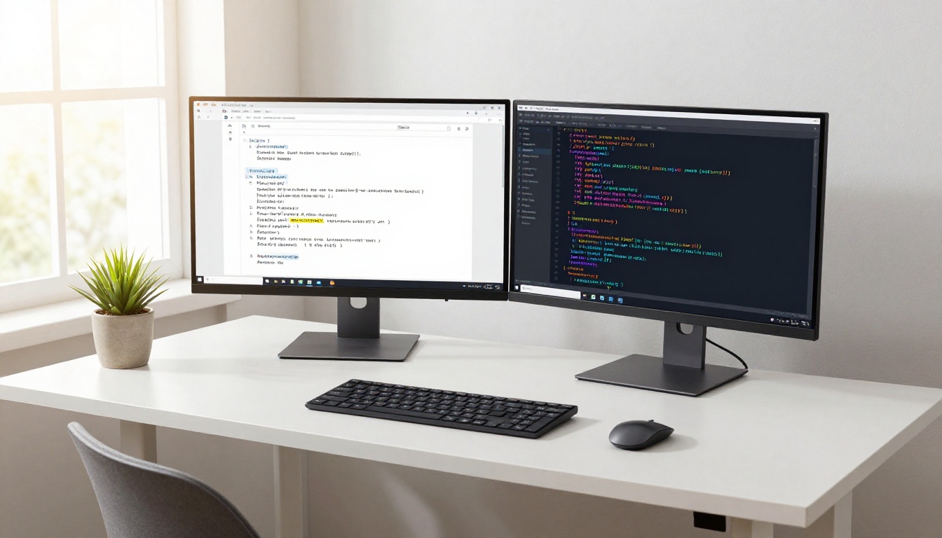 Dual-monitor developer setup with AI chat and code side by side