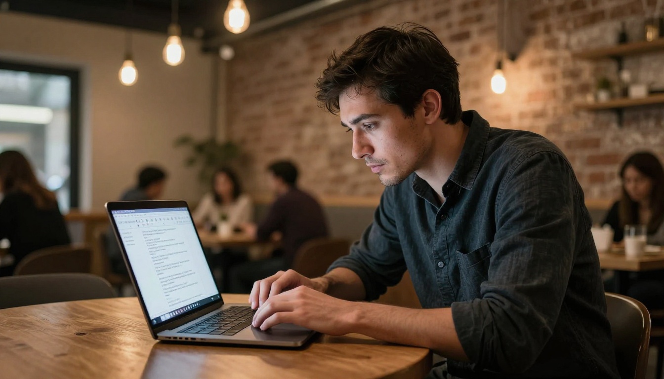 Professional running an AI speed comparison test on a laptop at a modern café workspace Professional running an AI speed comparison test on a laptop at a modern café workspace