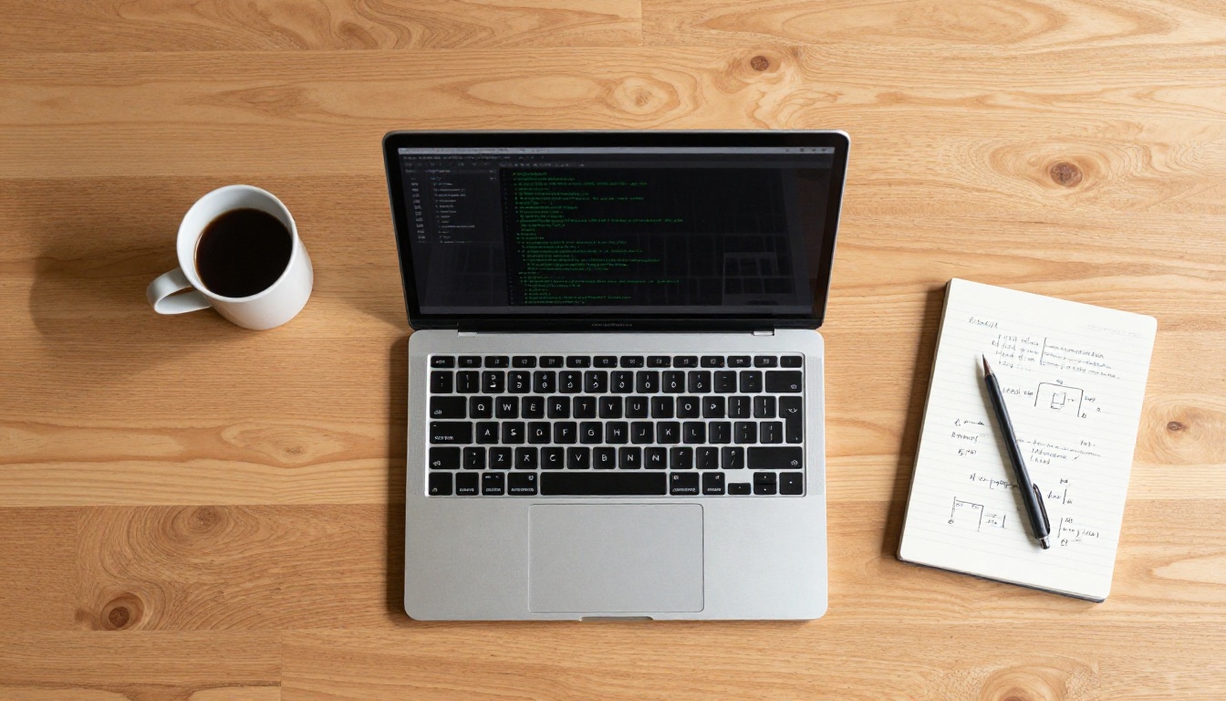 Overhead aerial view of developer workspace with laptop, coffee, and notebook