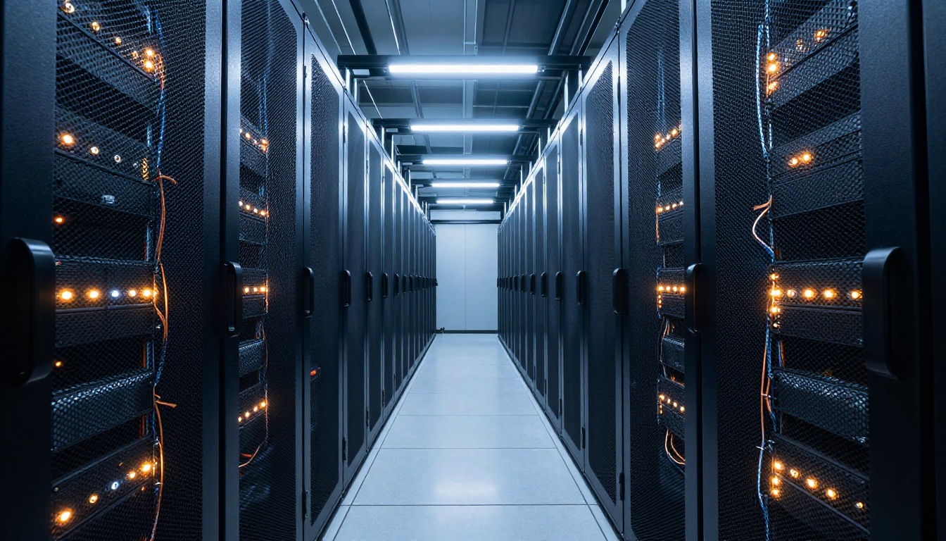 Low-angle perspective of server racks inside a modern data center
