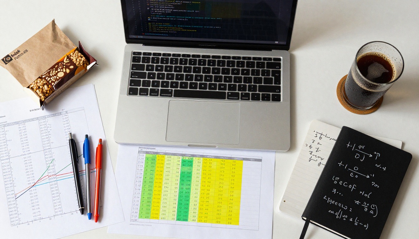 Top-down aerial flat-lay of developer benchmark reports, laptop with performance score tables, and a cold brew coffee on a wooden desk