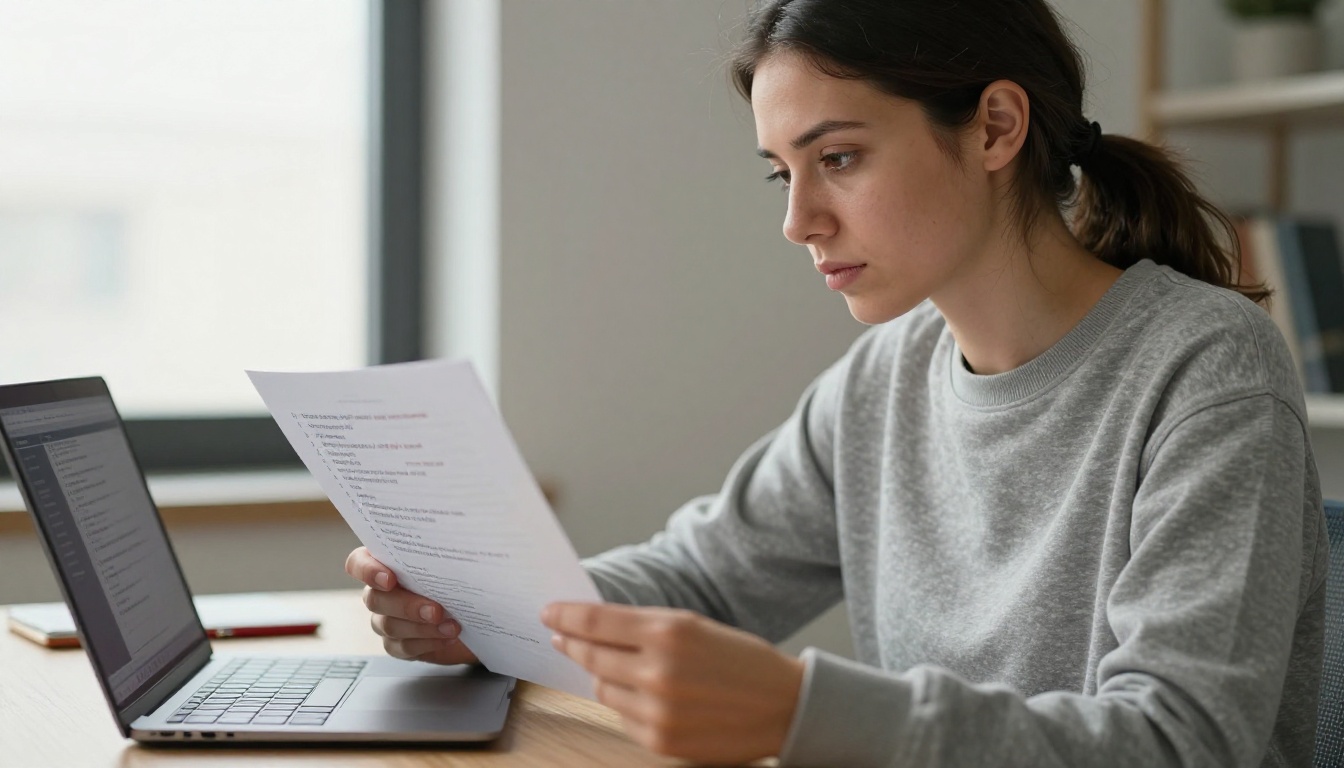 Female developer carefully reviewing printed code document at desk
