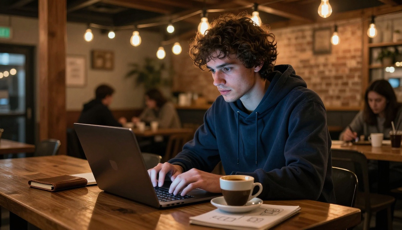 Developer working late at night on a laptop in a warm cozy cafe with Edison bulb string lights casting amber glow overhead