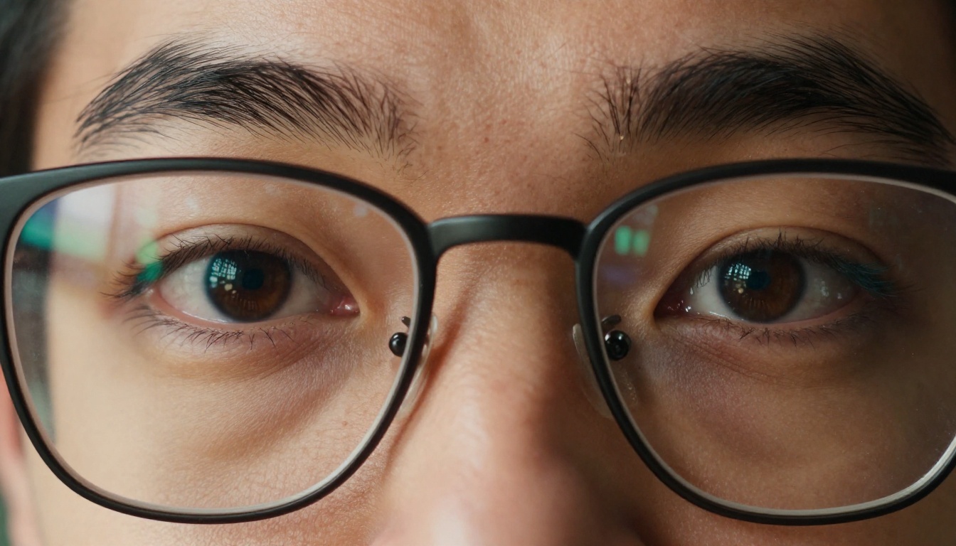 Macro close-up of a developer's eyes with Python code sharply reflected in wire-rimmed glasses lenses, shallow depth of field
