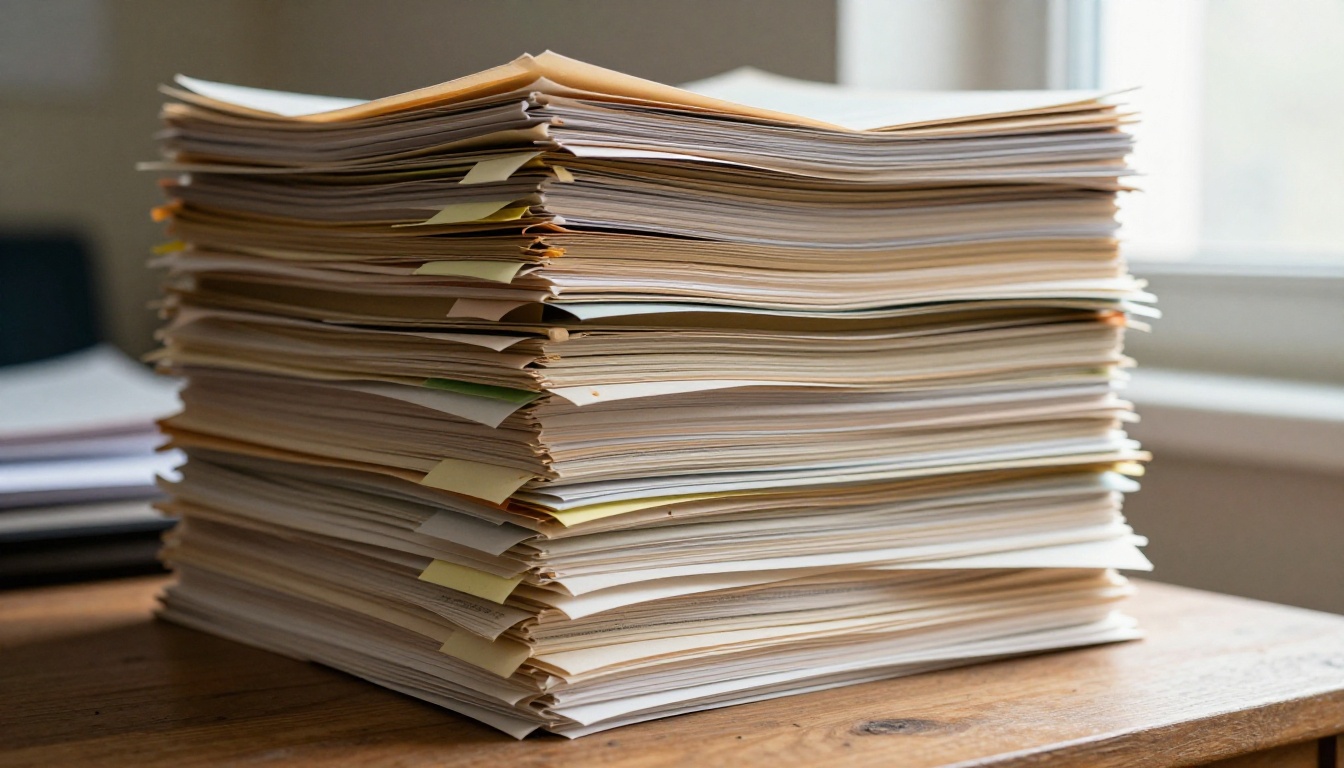 A tall stack of printed documents on a rustic wooden desk representing AI context window capacity A tall stack of printed documents on a rustic wooden desk representing AI context window capacity