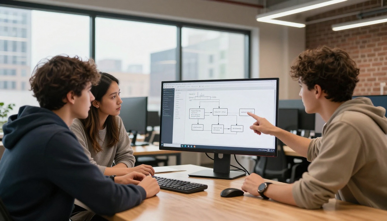 Three developers collaborating around a wall monitor with architecture diagram