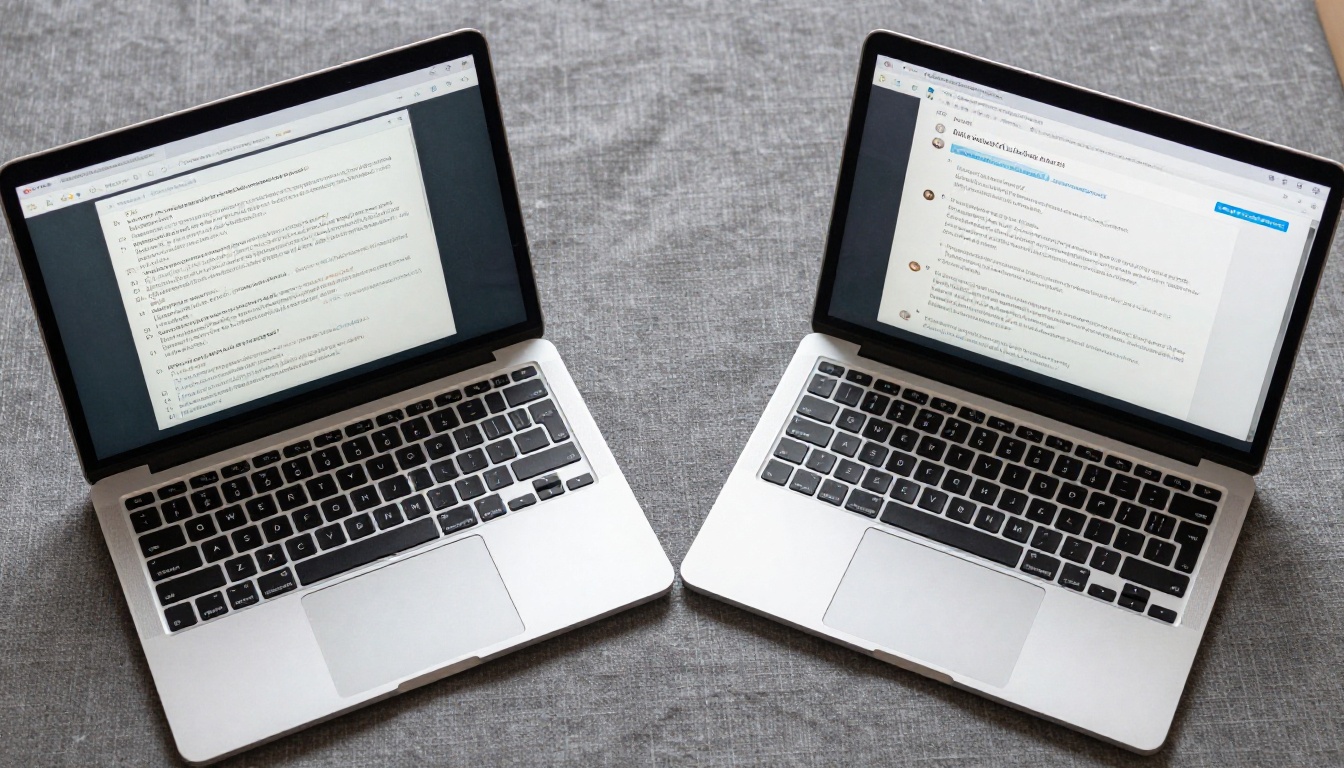 Two AI chat interfaces displayed side by side on laptops for direct comparison Two AI chat interfaces displayed side by side on laptops for direct comparison