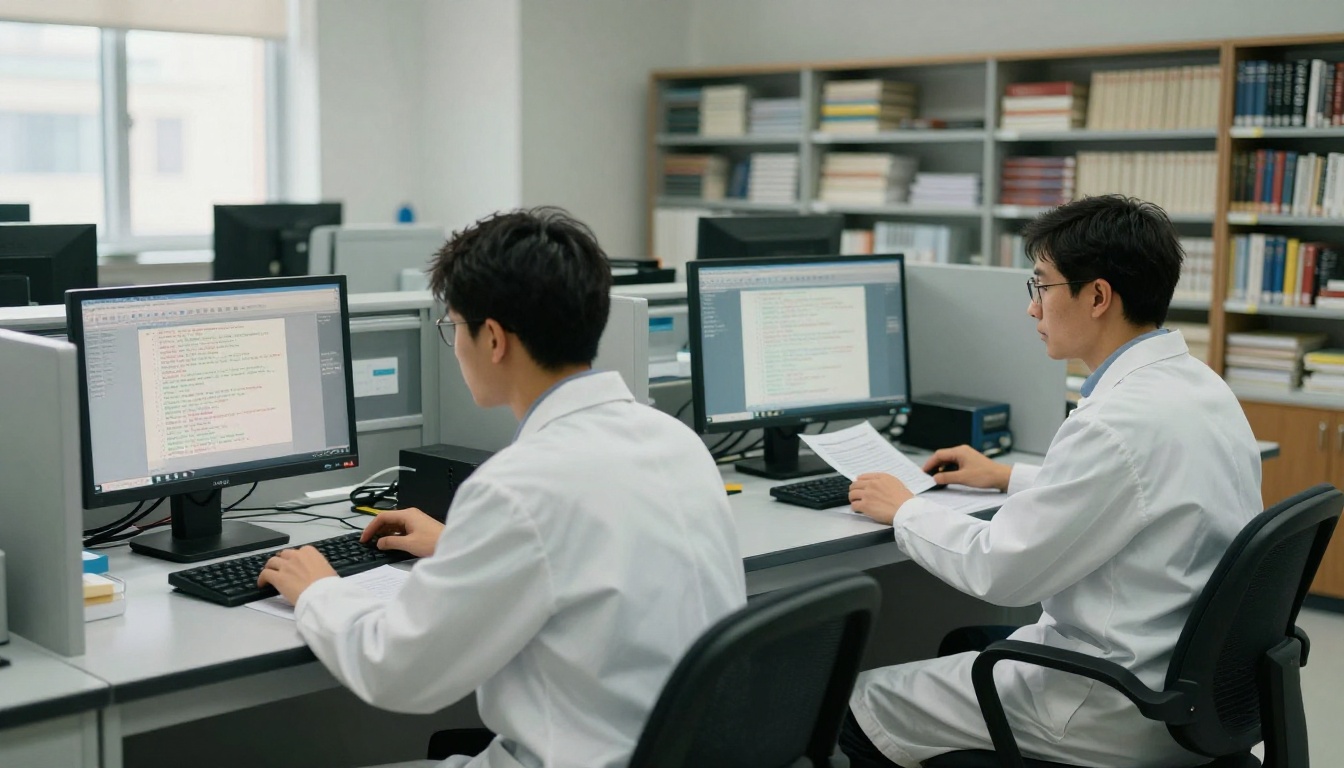 Two researchers comparing AI model outputs at adjacent workstations in a university lab Two researchers comparing AI model outputs at adjacent workstations in a university lab