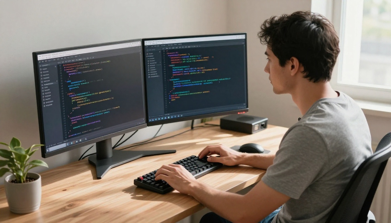 Software developer at an ultrawide monitor with AI-assisted code completion Software developer at an ultrawide monitor with AI-assisted code completion