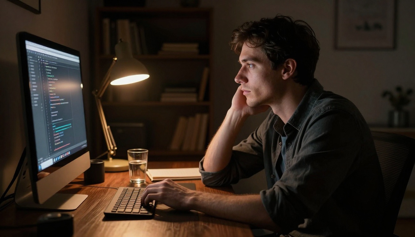 Developer working alone late at night, warm lamp light, deep focus