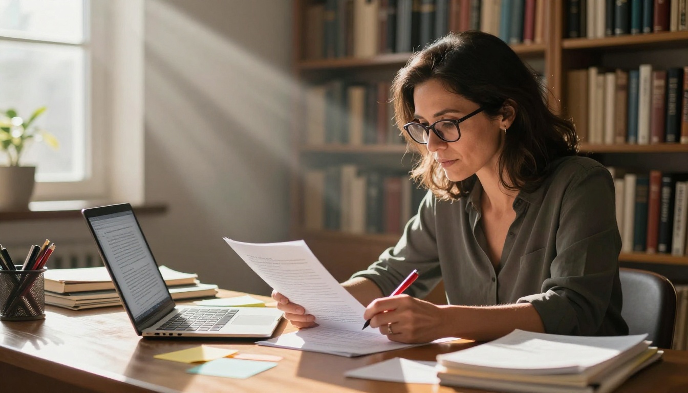 Professional writer reviewing AI-generated content in a home library with skylight above Professional writer reviewing AI-generated content in a home library with skylight above